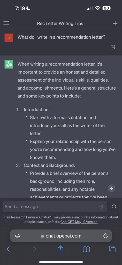 ChatGPT Recommendation Letter Prompt