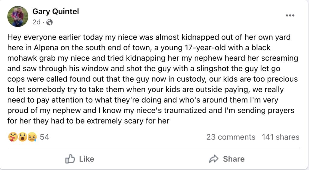 Gary Quintel Uncle to Hero 13 Year old Facebook Post