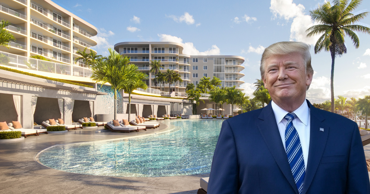 Trump Bump or Trump Effect on Florida Real Estate Donald Trump illustrated in front of a rendering of Ritz Carlton Residences in Palm Beach Gardens FL