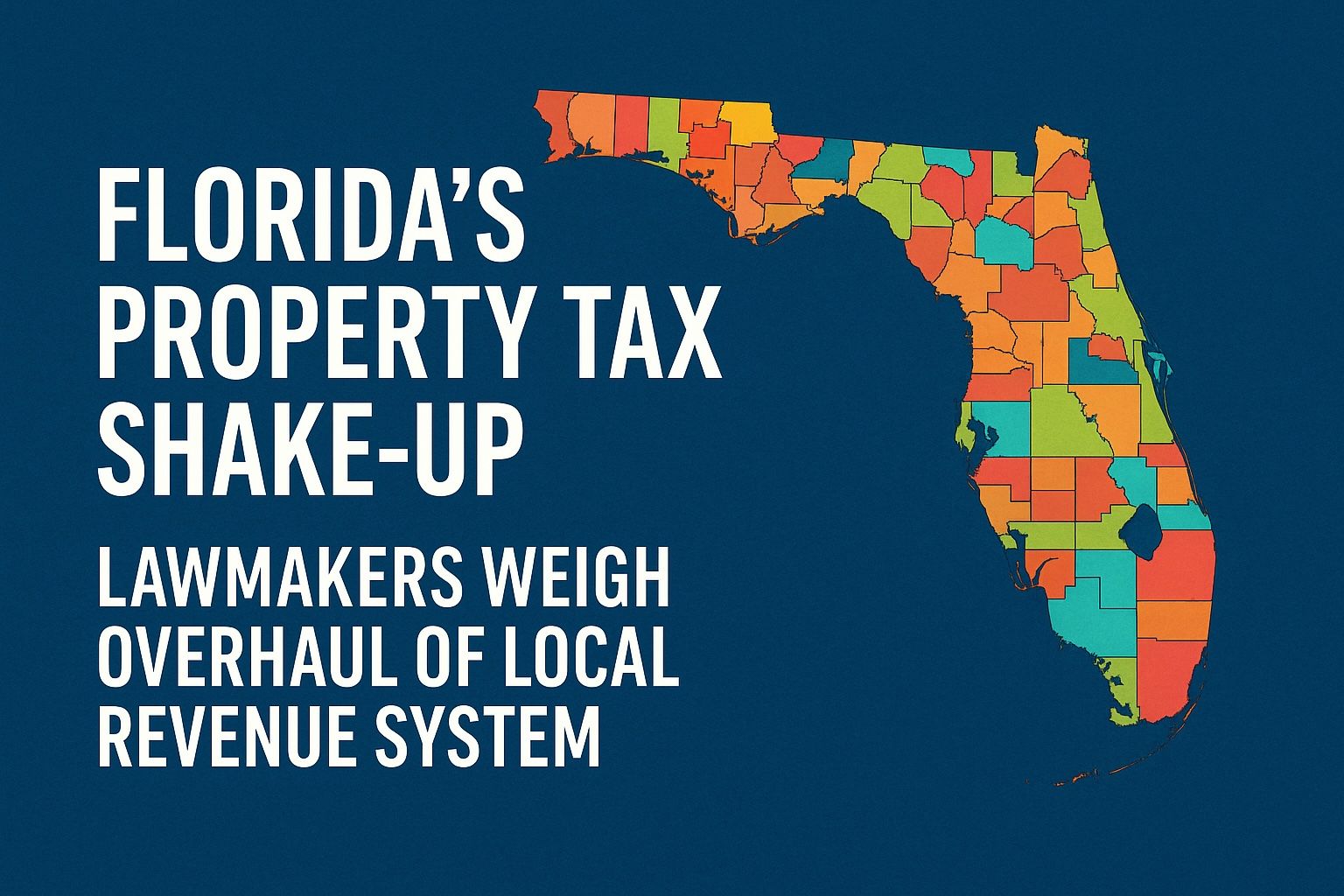 Map of Florida with counties in various colors next to bold white text reading “Florida’s Property Tax Shake-Up – Lawmakers Weigh Overhaul of Local Revenue System,” representing changes in Florida property tax policy.